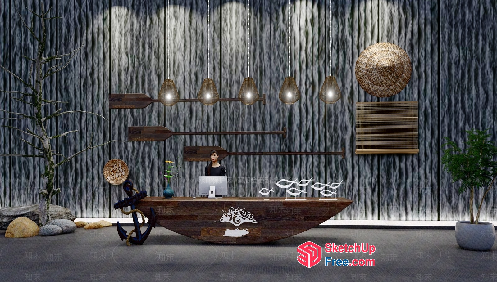 Modern Wood Boat Reception Desk With Fish Decor 3D SketchUp File