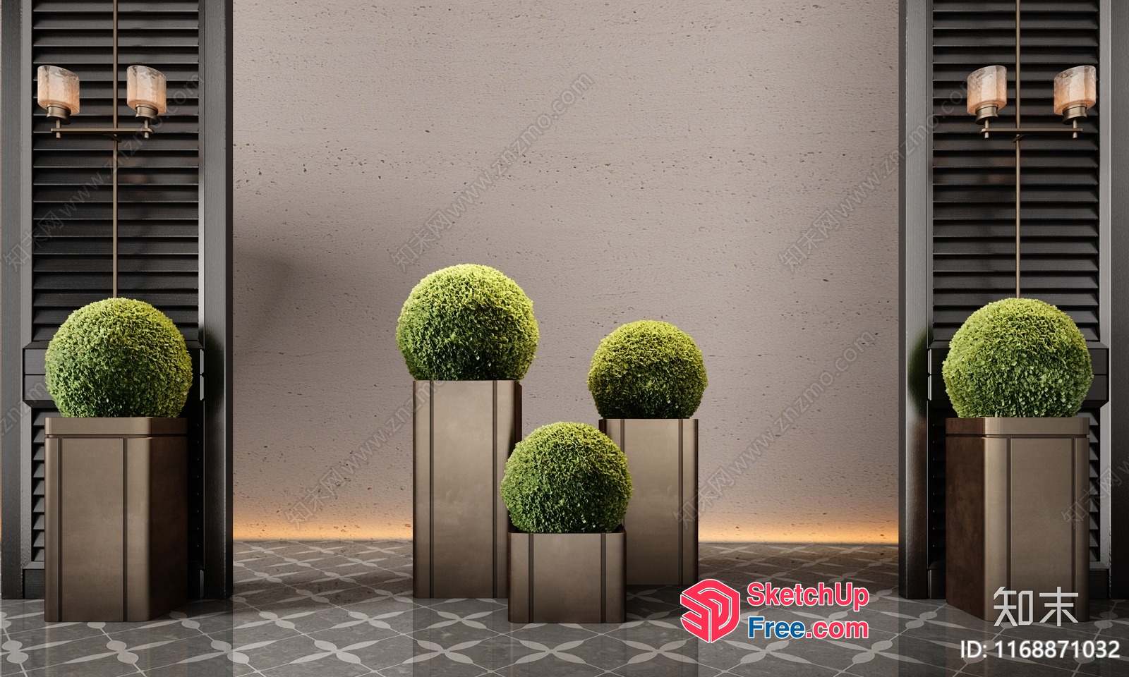 Elegant Modern Interior With Potted Plants And Pillars 3D SketchUp File