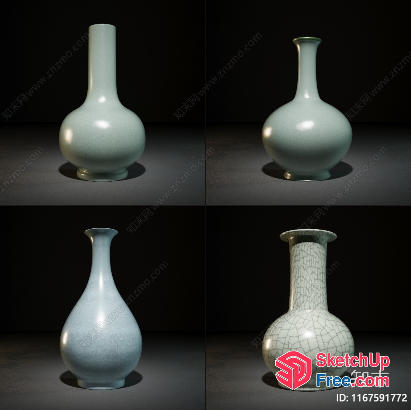 Four Ceramic Vases With Distinctive Shapes And Designs 3D SketchUp File