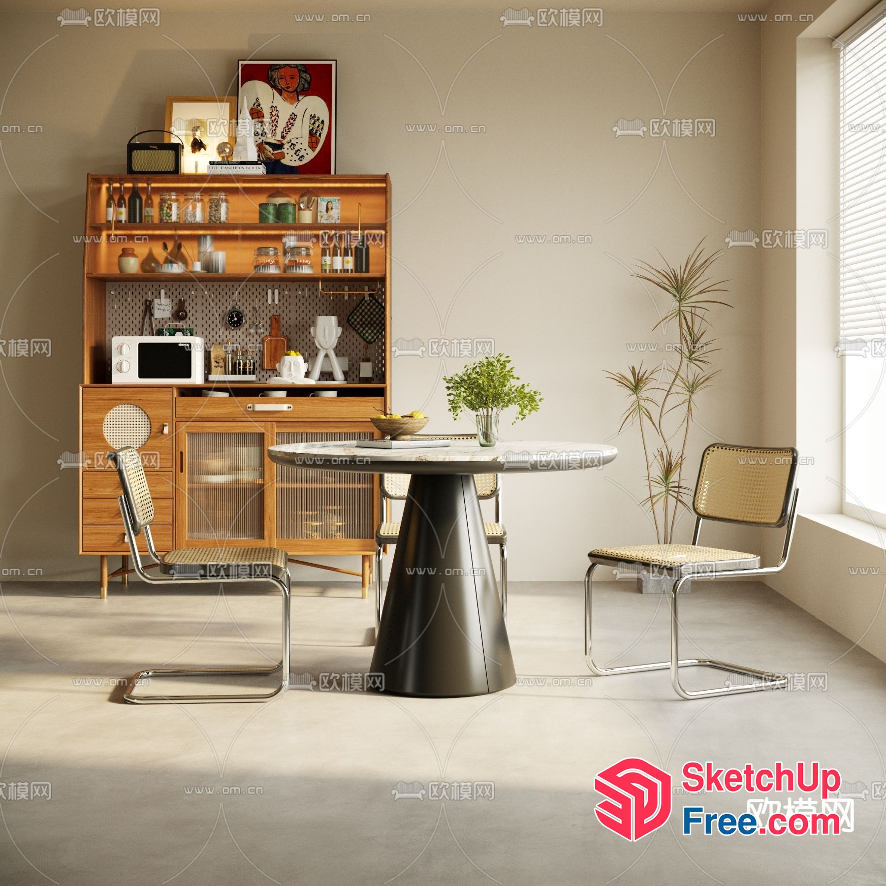 Modern Minimalist Dining Room With Natural Wood Cabinet 3D SketchUp File