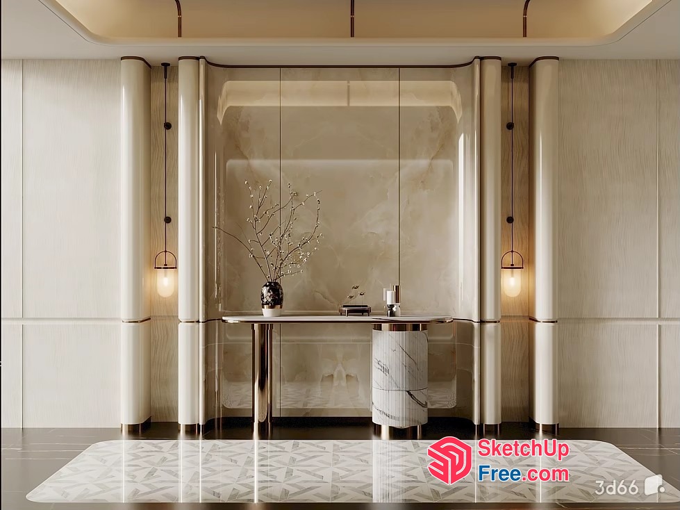 Elegant Modern Interior Design With Creamy Style And Pillars 3D SketchUp File