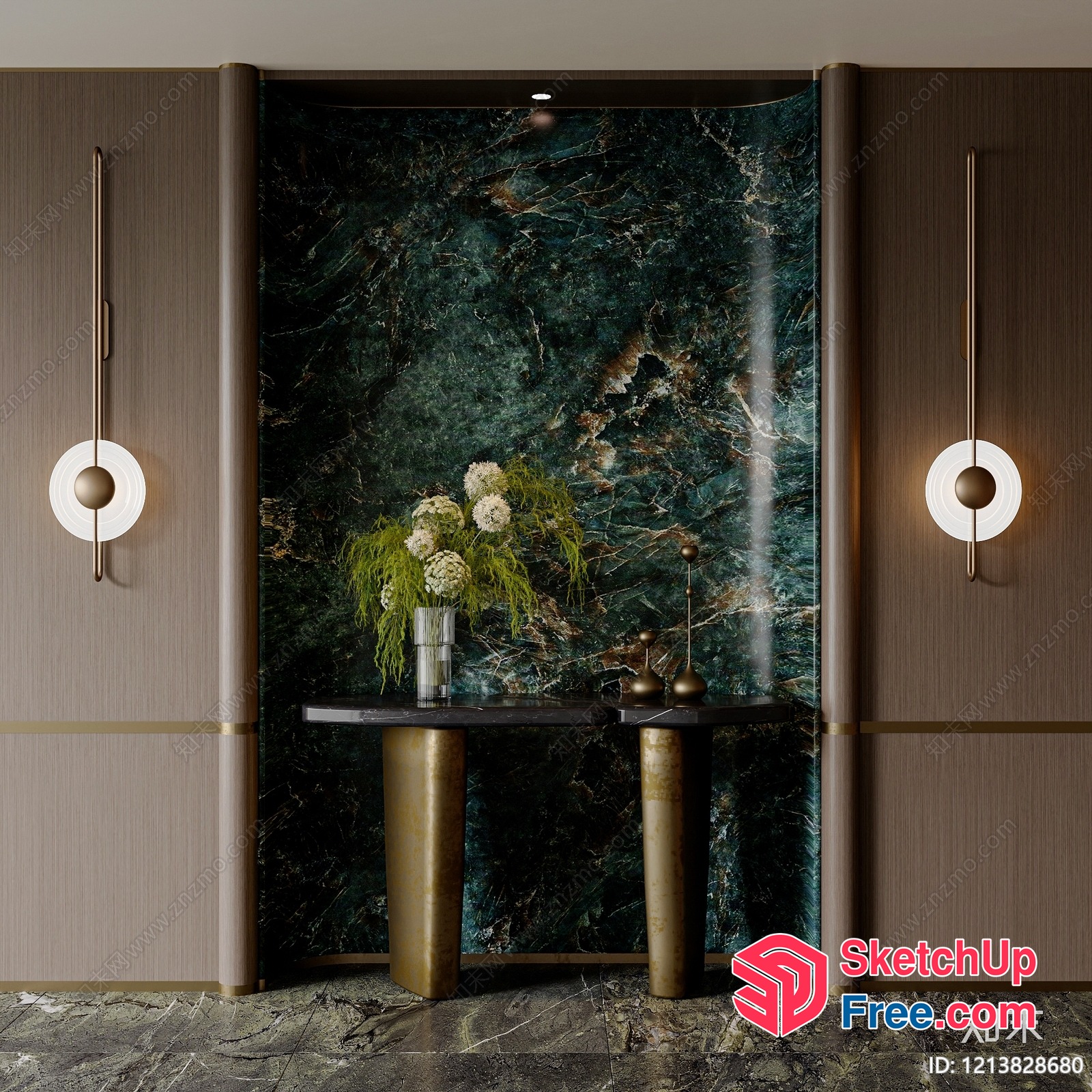 Elegant Green Marble Accent Wall With Modern Furniture 3D SketchUp File