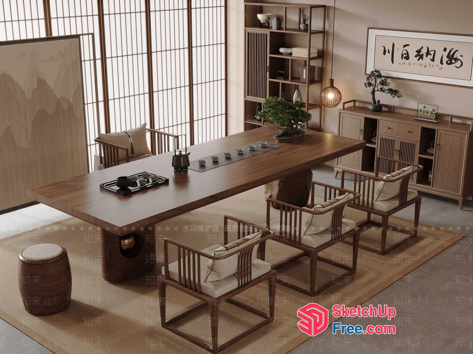 Elegant Japanese-Style Dining Room With Wooden Table And Chairs 3D SketchUp File