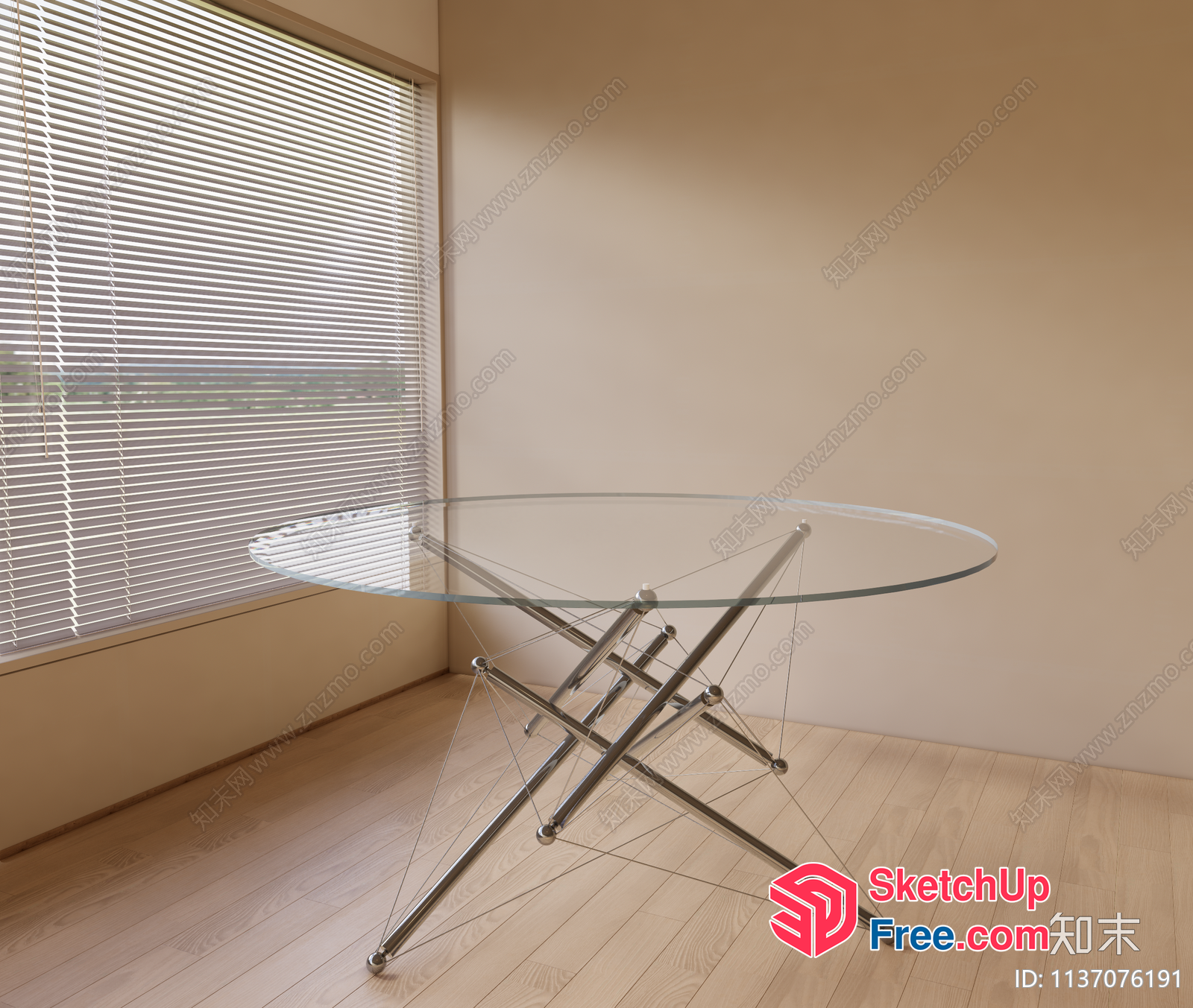 Modern Glass Table With Metal Legs In A Neutral Room Setting 3D SketchUp File
