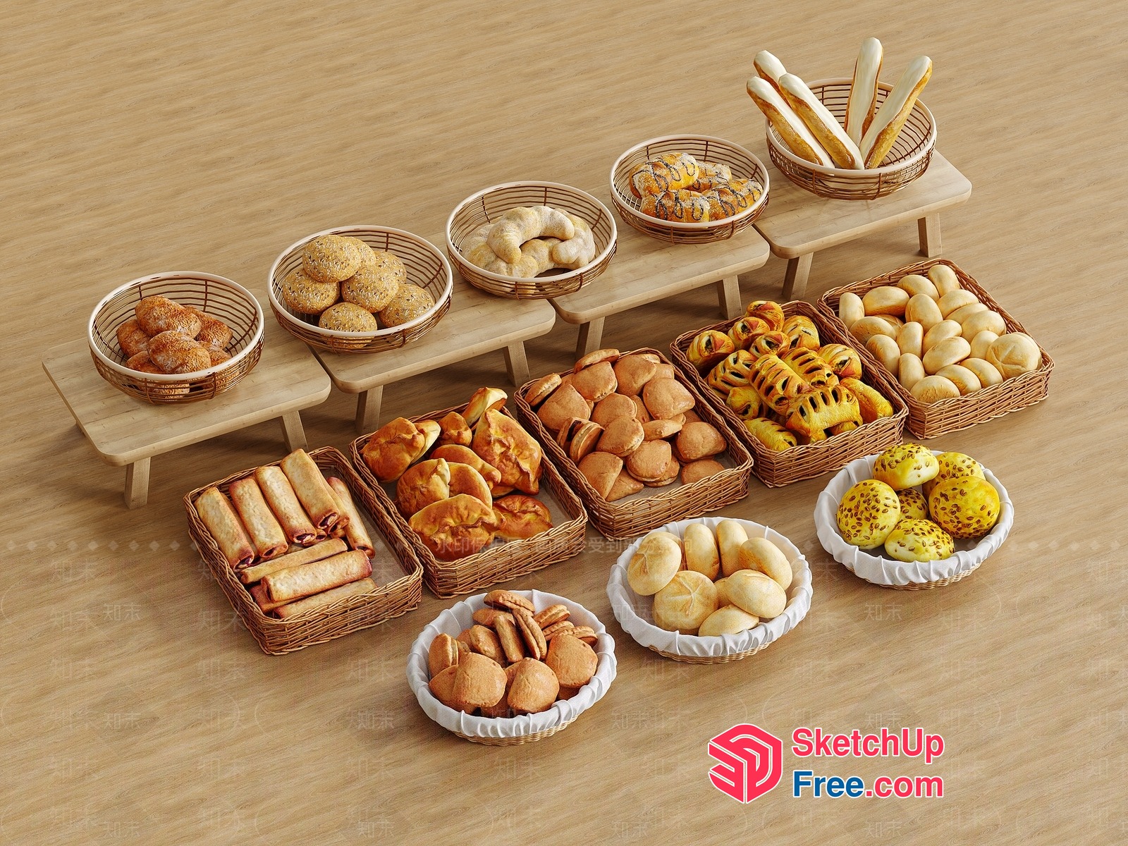Bread Display On Wooden Tables 3D SketchUp File