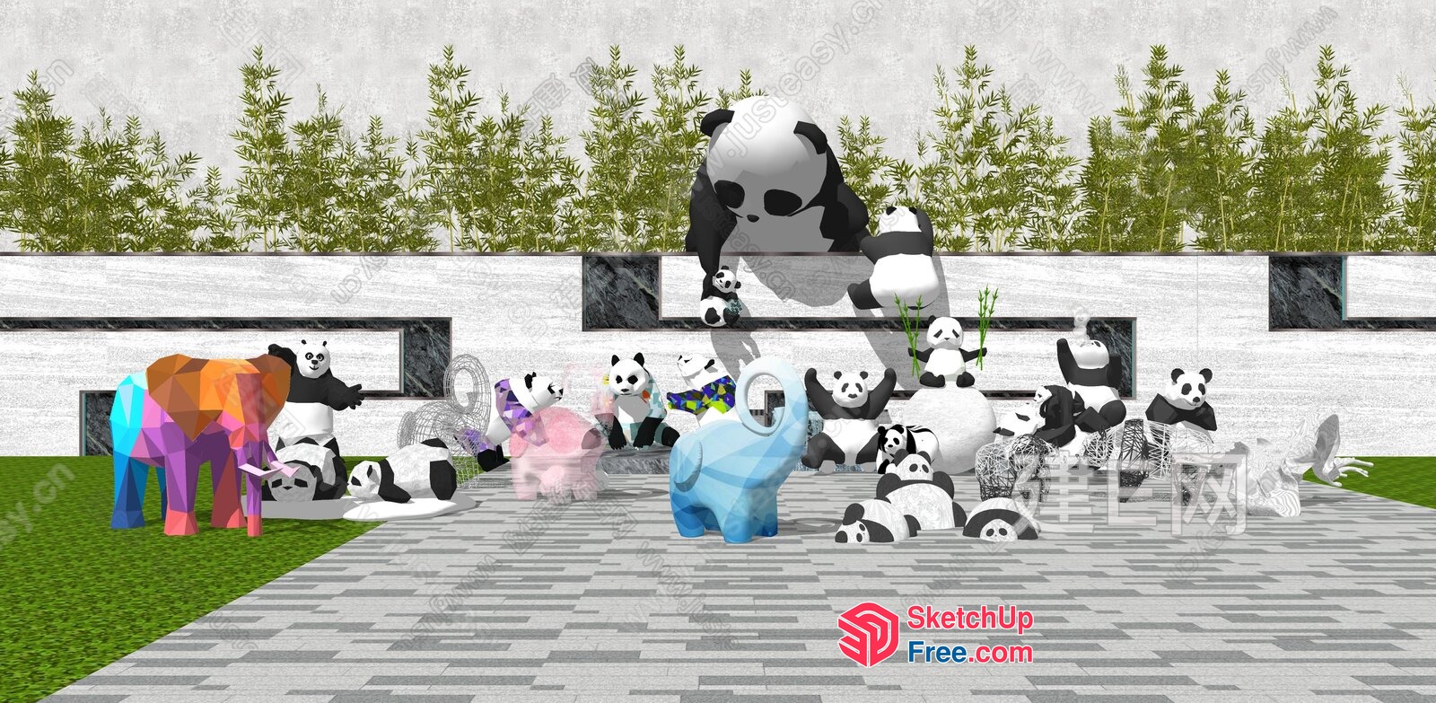 Colorful Pandas In A Modern Outdoor Setting 3D SketchUp File