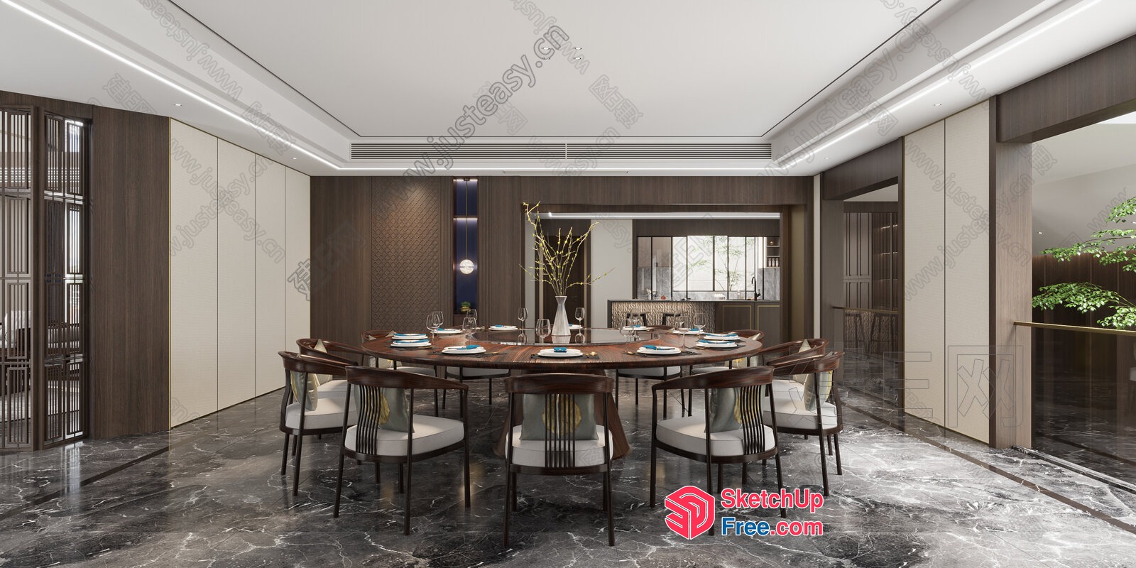 Modern Dining Room With Dark Wood Table And White Chairs 3D SketchUp File