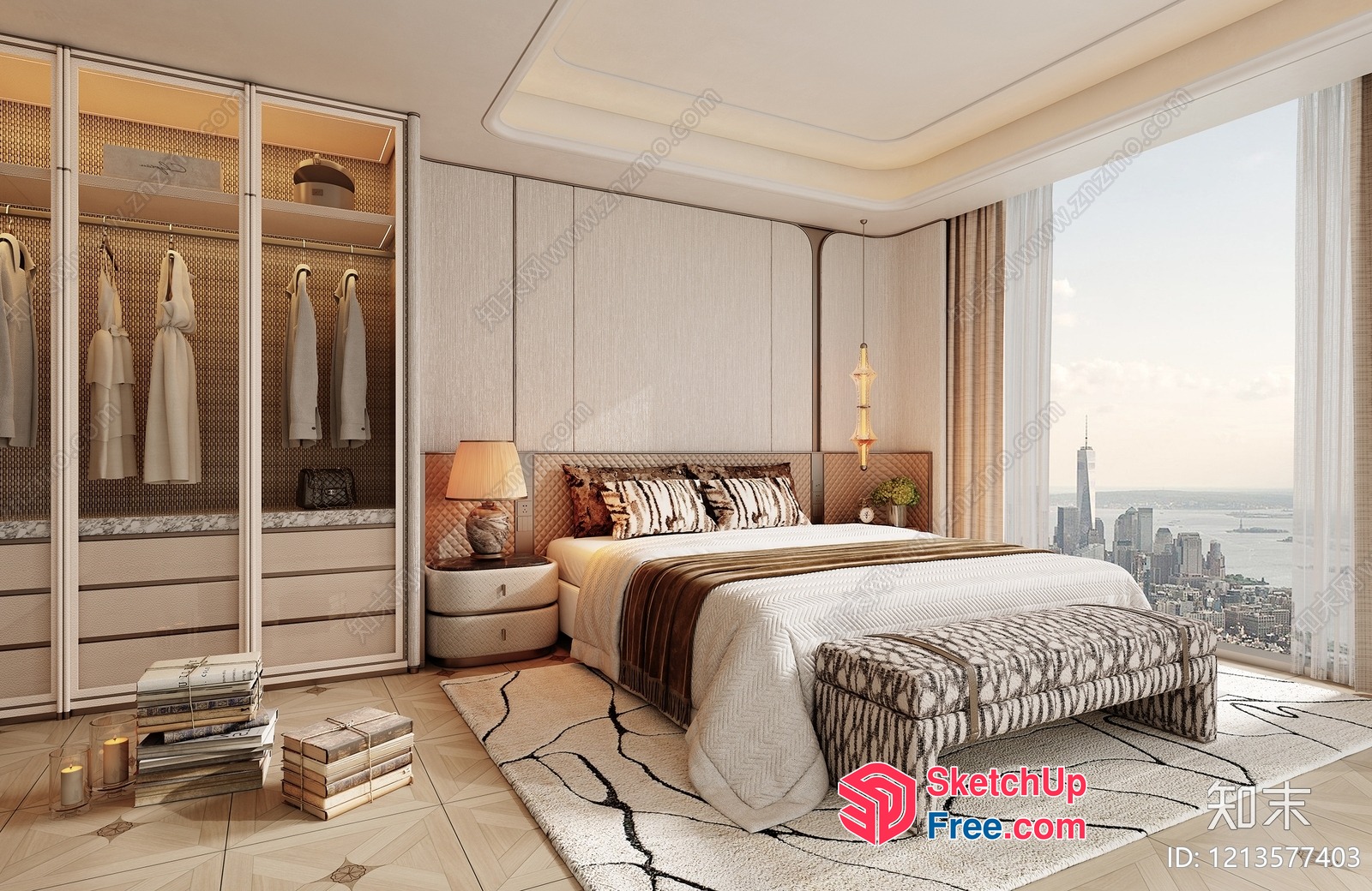 Elegant Modern Luxury Bedroom With City View 3D SketchUp File