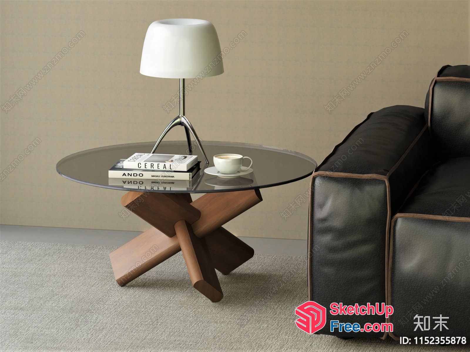 Minimalist Glass Coffee Table With Wooden Legs And Lamp 3D SketchUp File