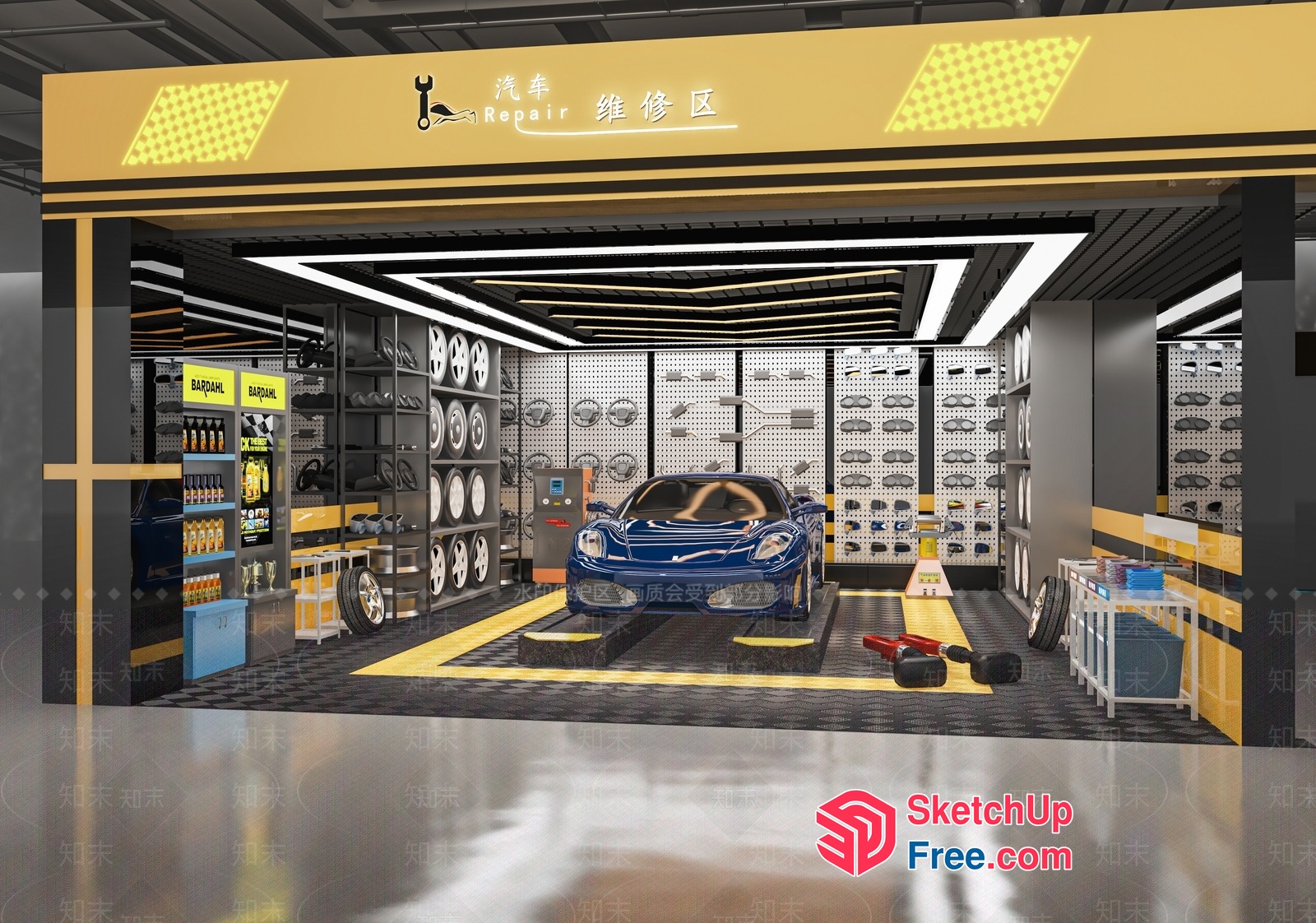 Car Repair Shop With Racing Car And Car Parts 3D SketchUp File