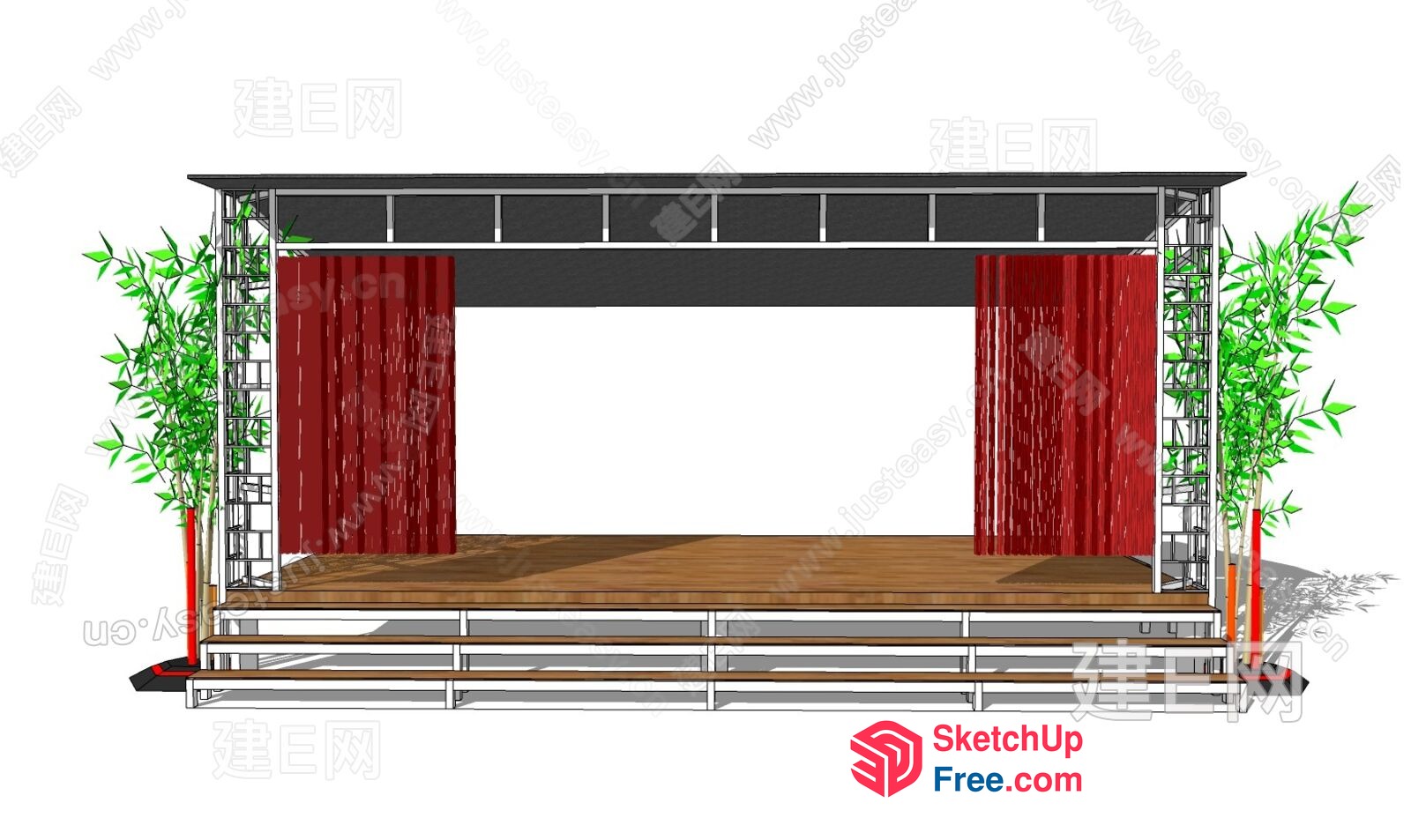 Stage With Red Curtains And Green Plants 3D SketchUp File