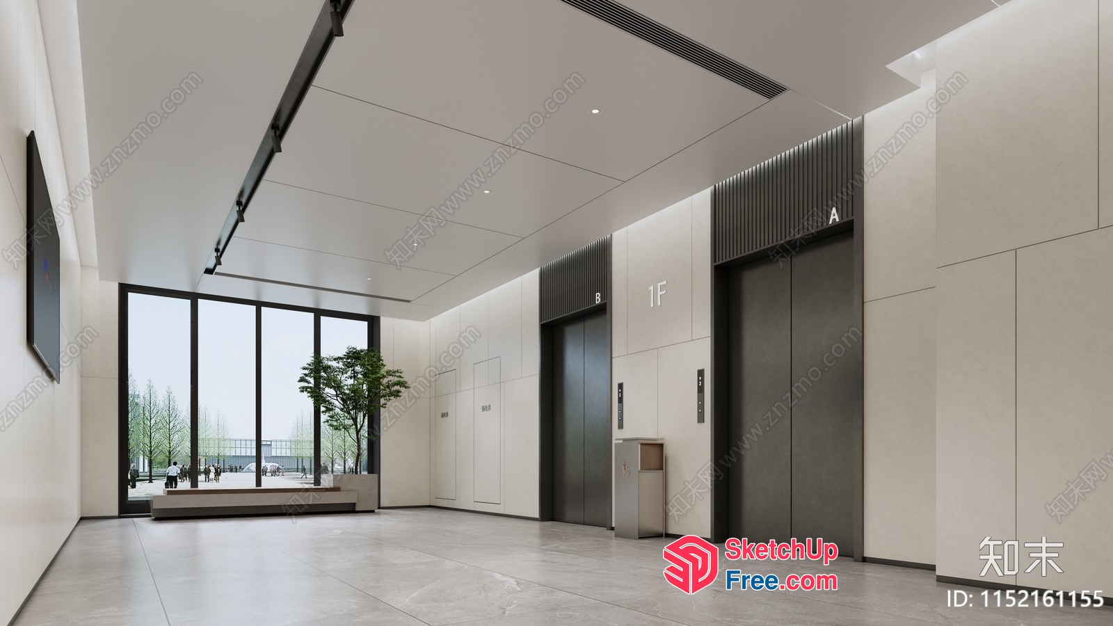 Modern Office Building Interior With Elevators And Windows 3D SketchUp File