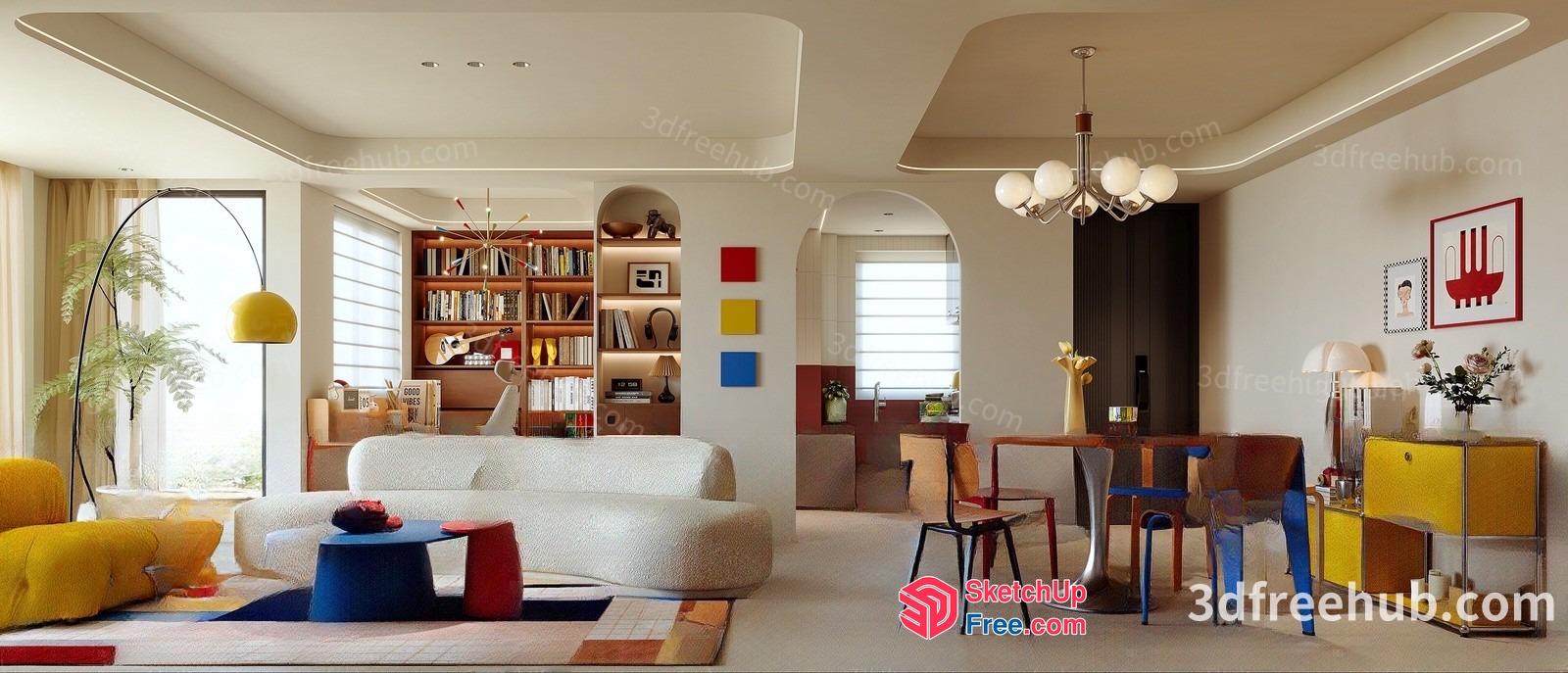 Modern Living Room Interior With White Sofa And Yellow Chair 3D SketchUp File