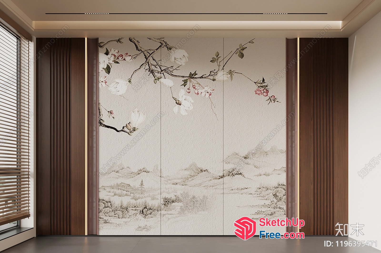 Elegant Japanese-Style Partition Screen With Cherry Blossom Design 3D SketchUp File