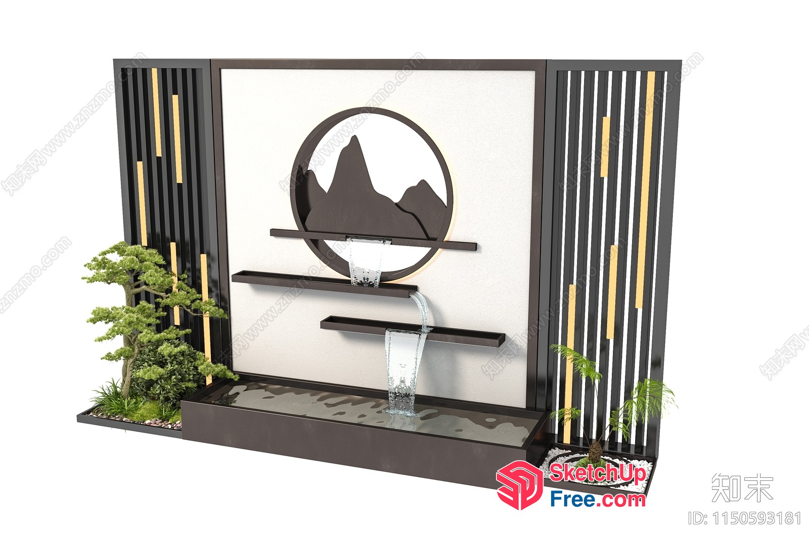 Asian-Inspired Water Feature With Natural Elements 3D SketchUp File