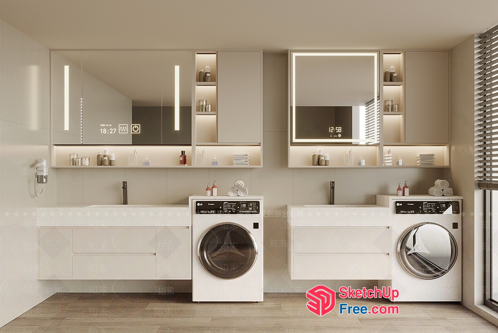 Modern Minimalist Bathroom With White Cabinets And Washers 3D SketchUp File