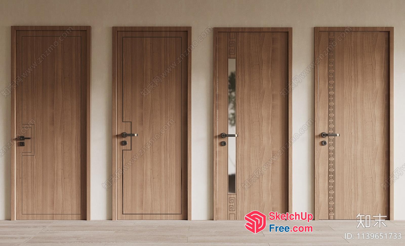 Four Wooden Doors With Various Handles And Locks 3D SketchUp File