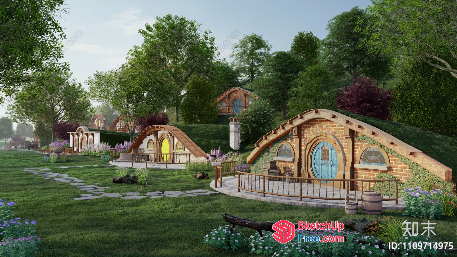 Cozy Hobbiton-Inspired Villas With Vibrant Doorways 3D SketchUp File