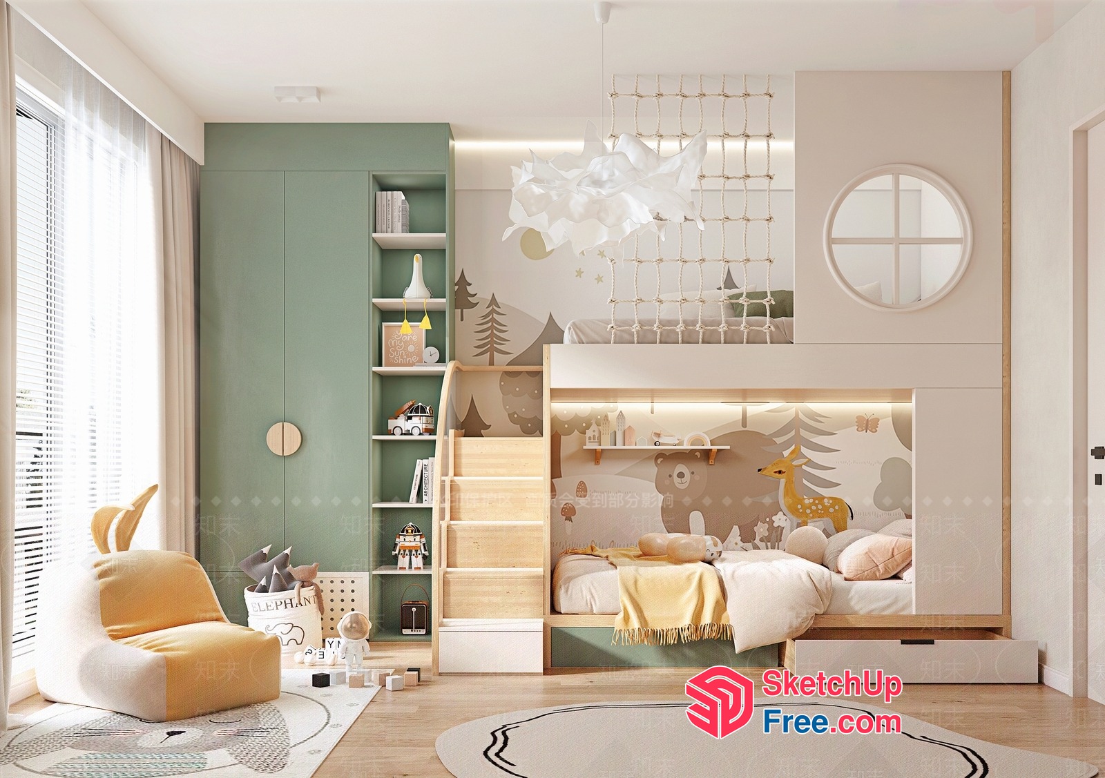 Cozy Kids' Room With Animal-Themed Decor And Stairs 3D SketchUp File