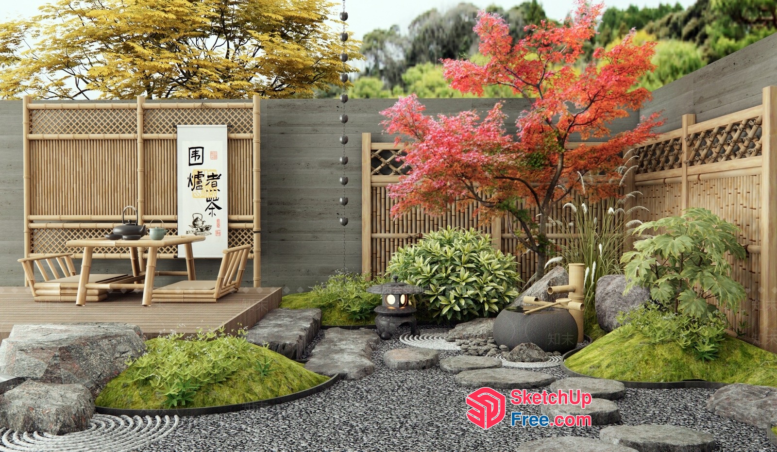 Japanese Style Garden Interior With Natural Elements 3D SketchUp File