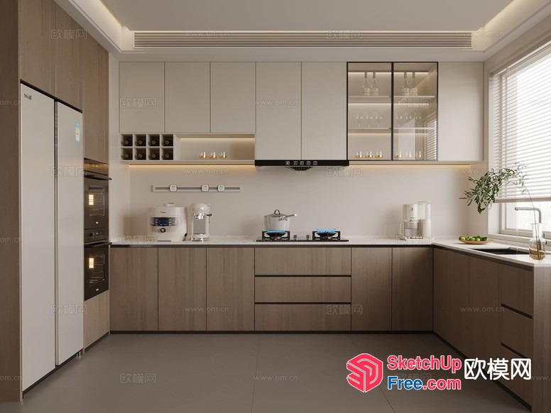 Modern Kitchen With White Appliances And Wooden Cabinets 3D SketchUp File