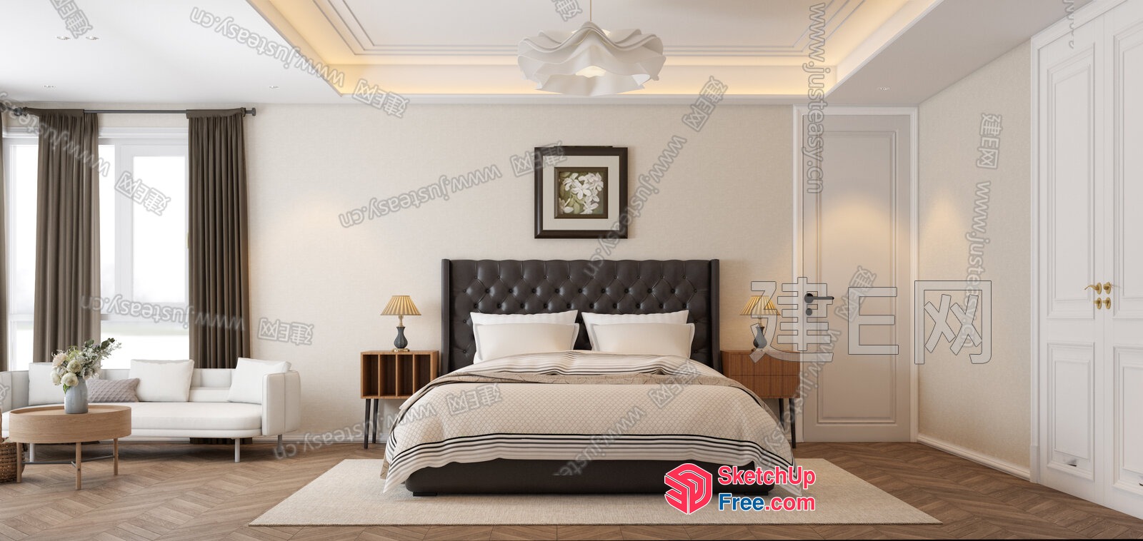 Elegant Modern Bedroom With Tufted Headboard 3D SketchUp File