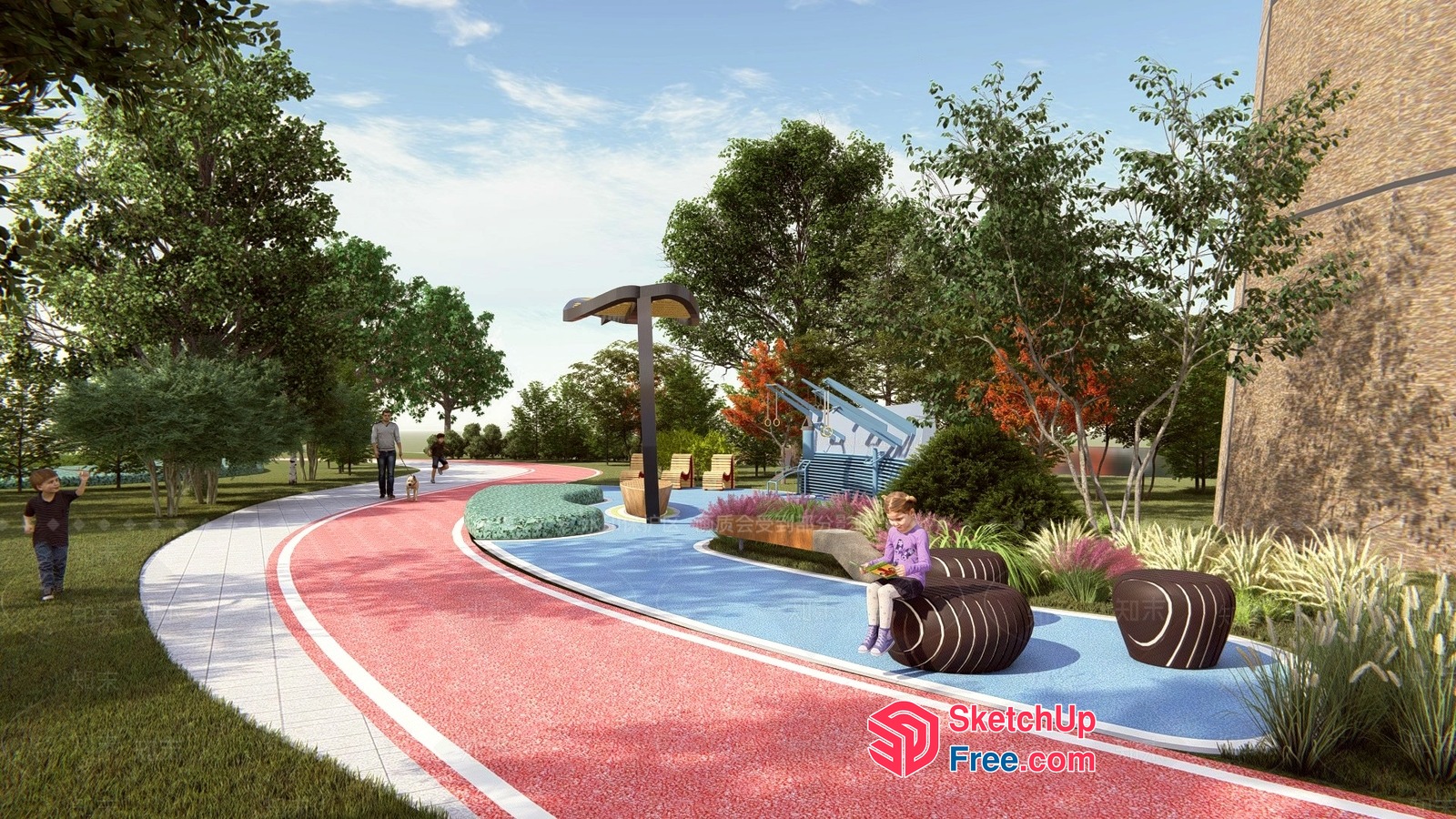 Colorful Outdoor Pathway With Modern Seating And Water Features 3D SketchUp File