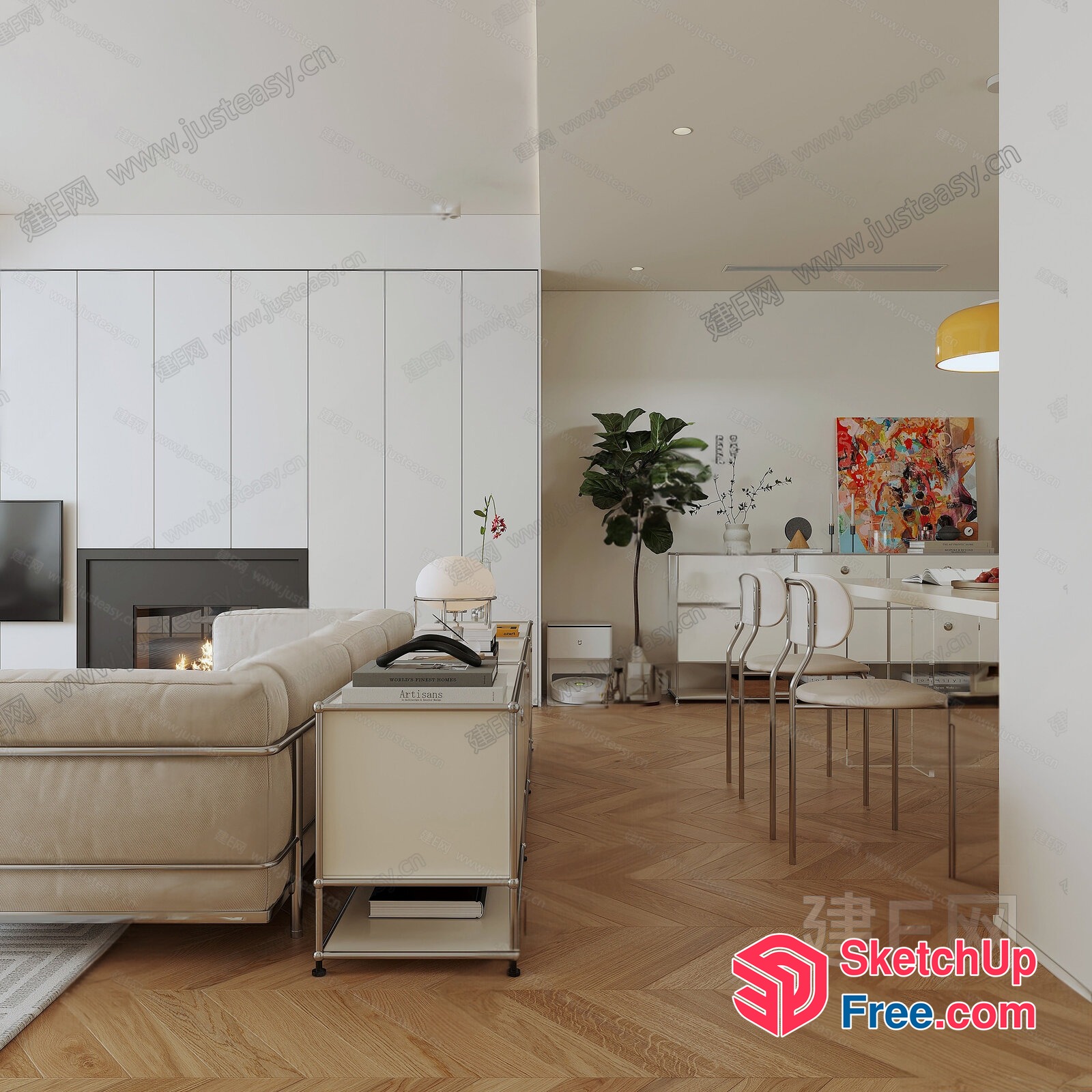 Modern Minimalist Living Room With Fireplace And Sleek Furniture 3D SketchUp File