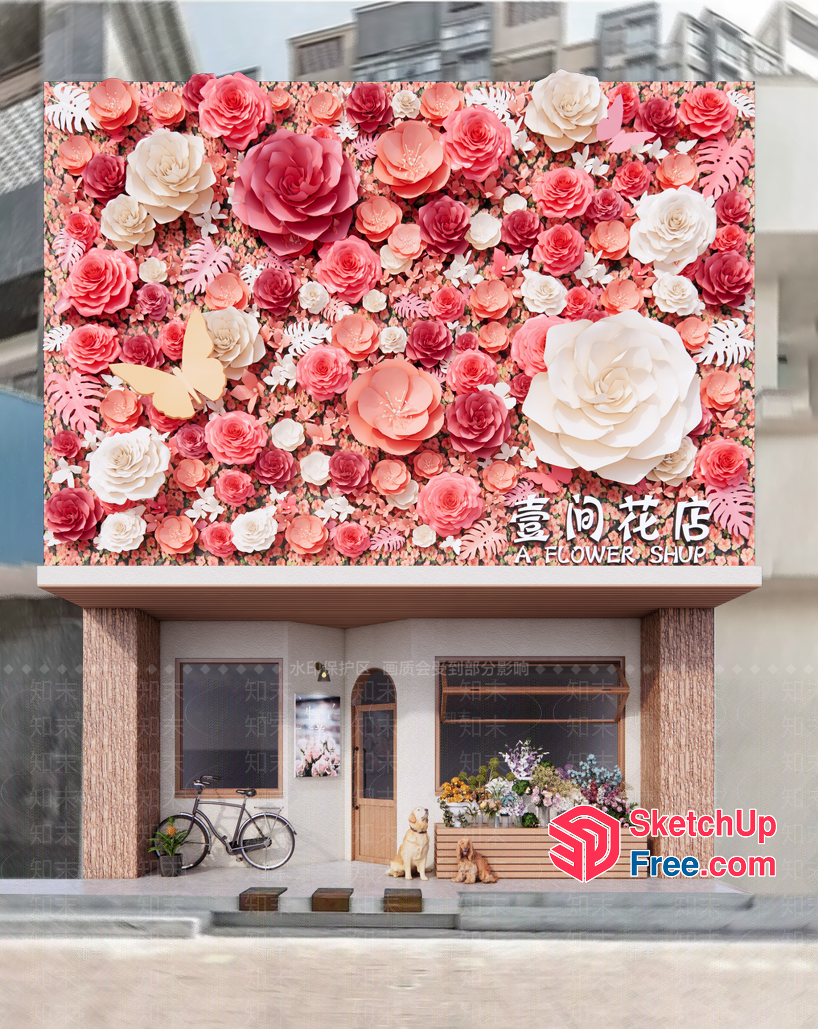 A Flower Shop With A Floral Wall And A Bicycle 3D SketchUp File