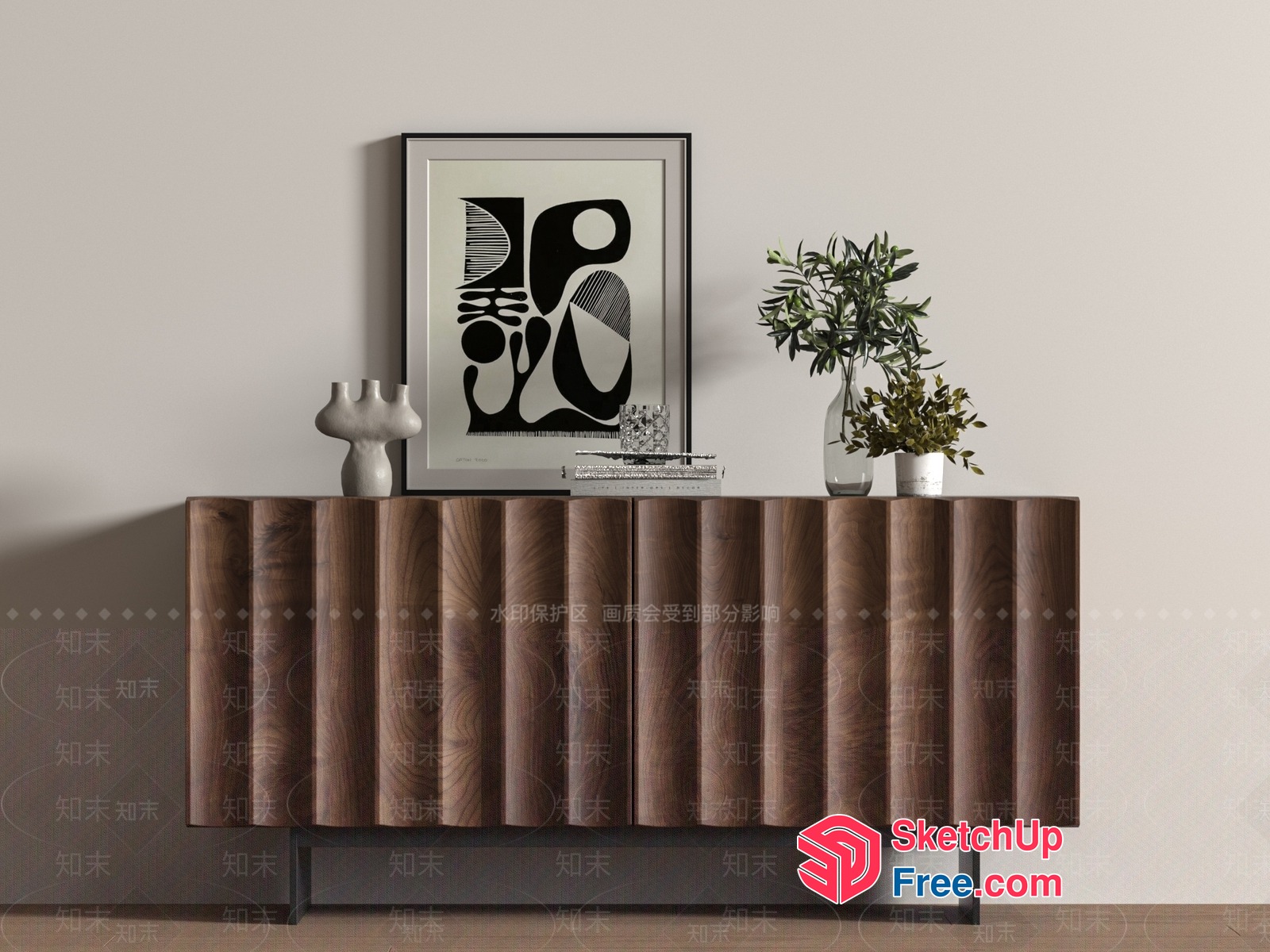 Wooden Sideboard With Unique Carved Design 3D SketchUp File