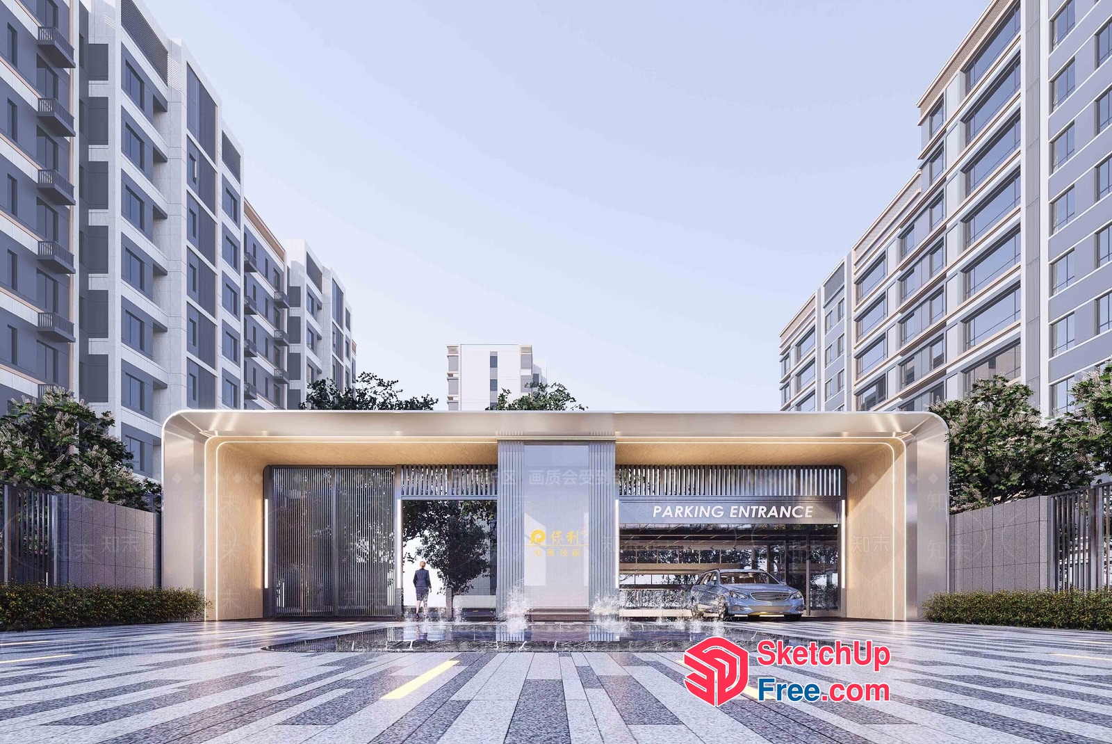 Modern Urban Entrance With Glass And Pillars 3D SketchUp File