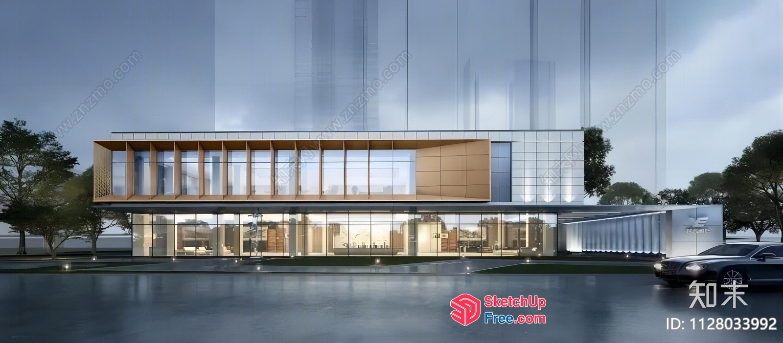 Modern Office Building With Glass Curtain Wall 3D SketchUp File