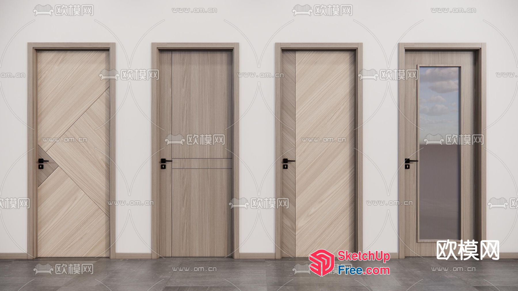 Four Wooden Doors In A Row 3D SketchUp File