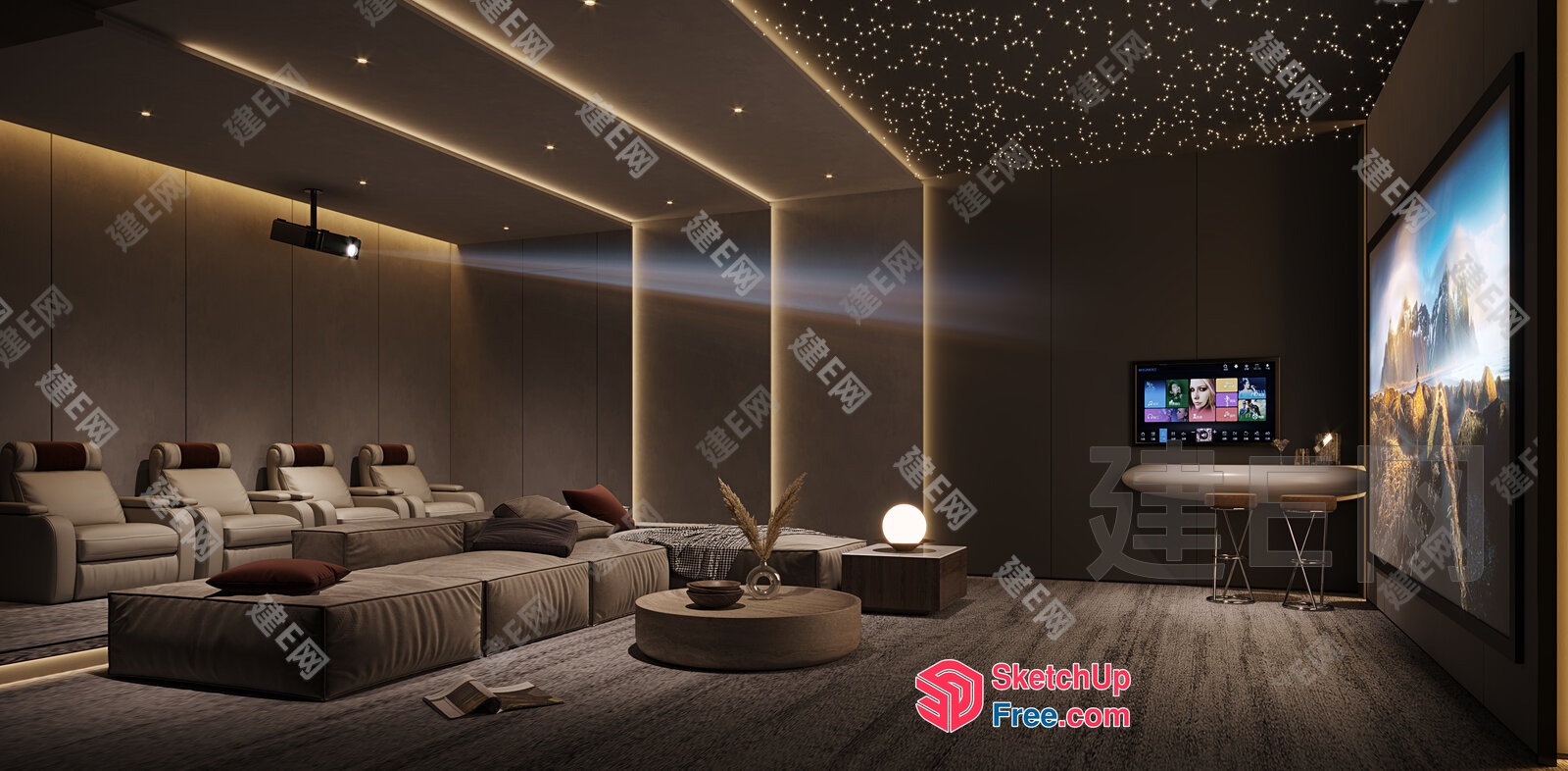 Modern Dark Home Theater With Starry Ceiling 3D SketchUp File