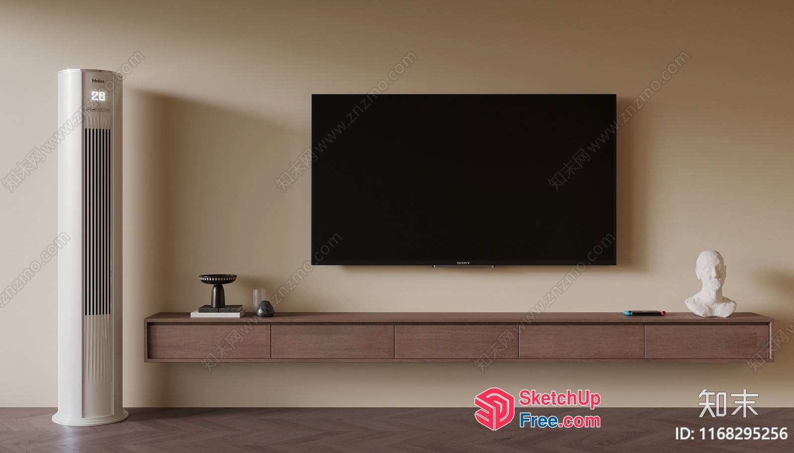 Modern Minimalist Living Room With Flat Screen Tv And Wooden Shelf 3D SketchUp File