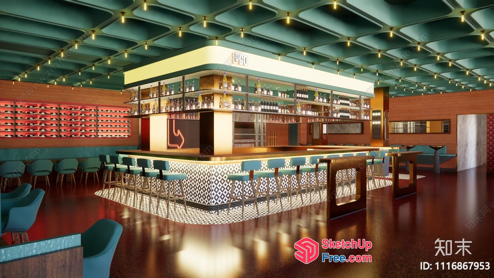 Modern Restaurant Interior Design With Unique Ceiling Features 3D SketchUp File
