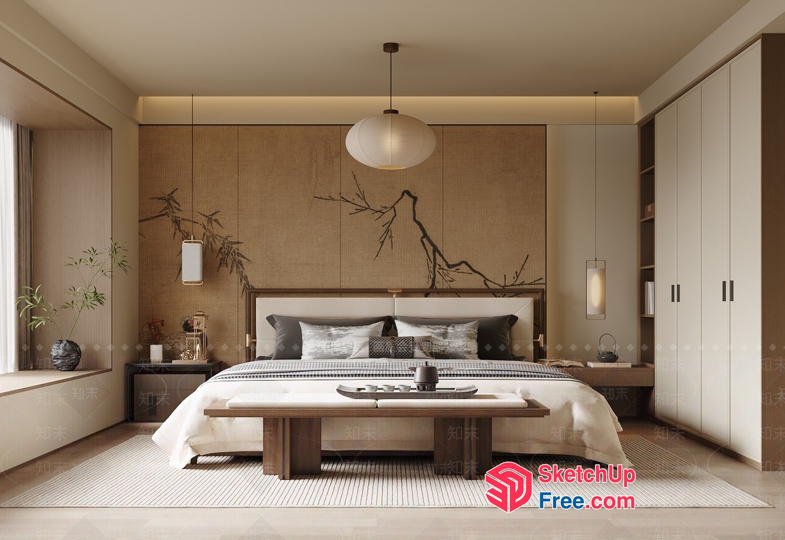 Japanese-Style Bedroom With Natural Light And Decorative Elements 3D SketchUp File