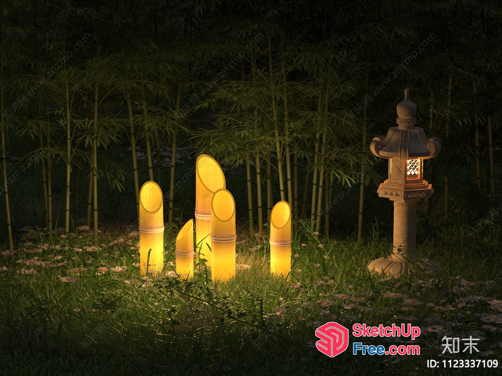 Asian-Inspired Bamboo Lanterns In A Serene Garden 3D SketchUp File