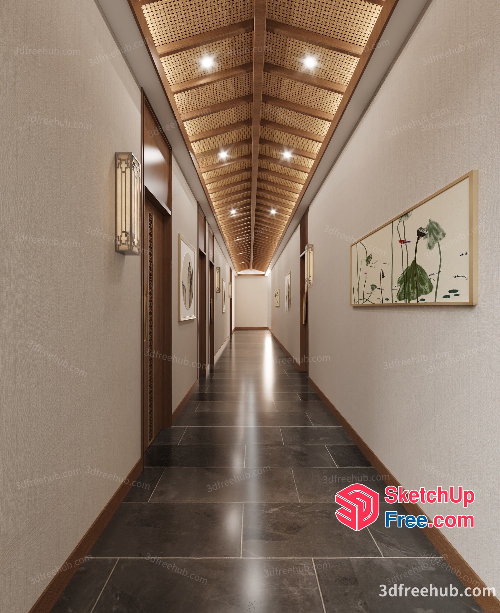 Elegant Hallway With Wood Ceiling And Artwork 3D SketchUp File