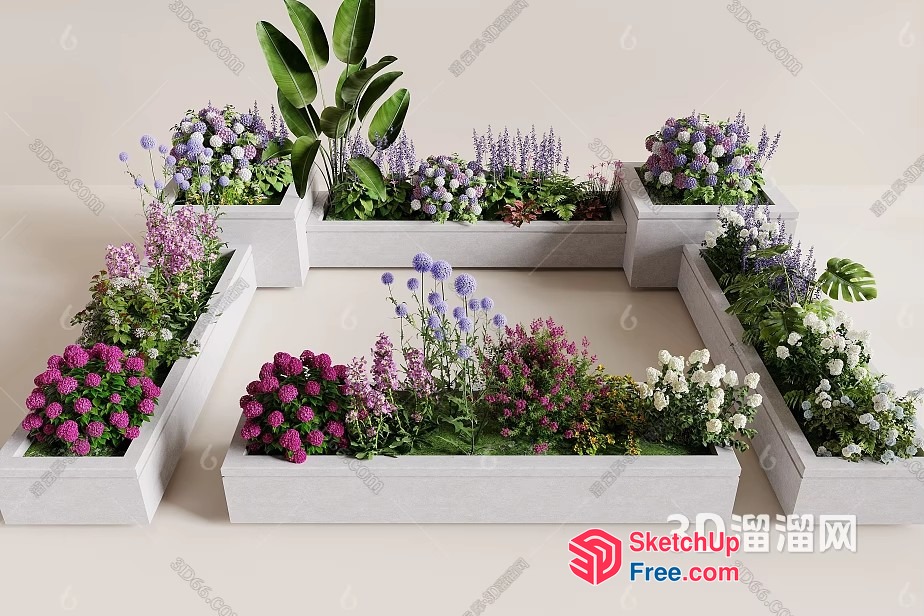 Elegant Floral Arrangements In White Planters 3D SketchUp File