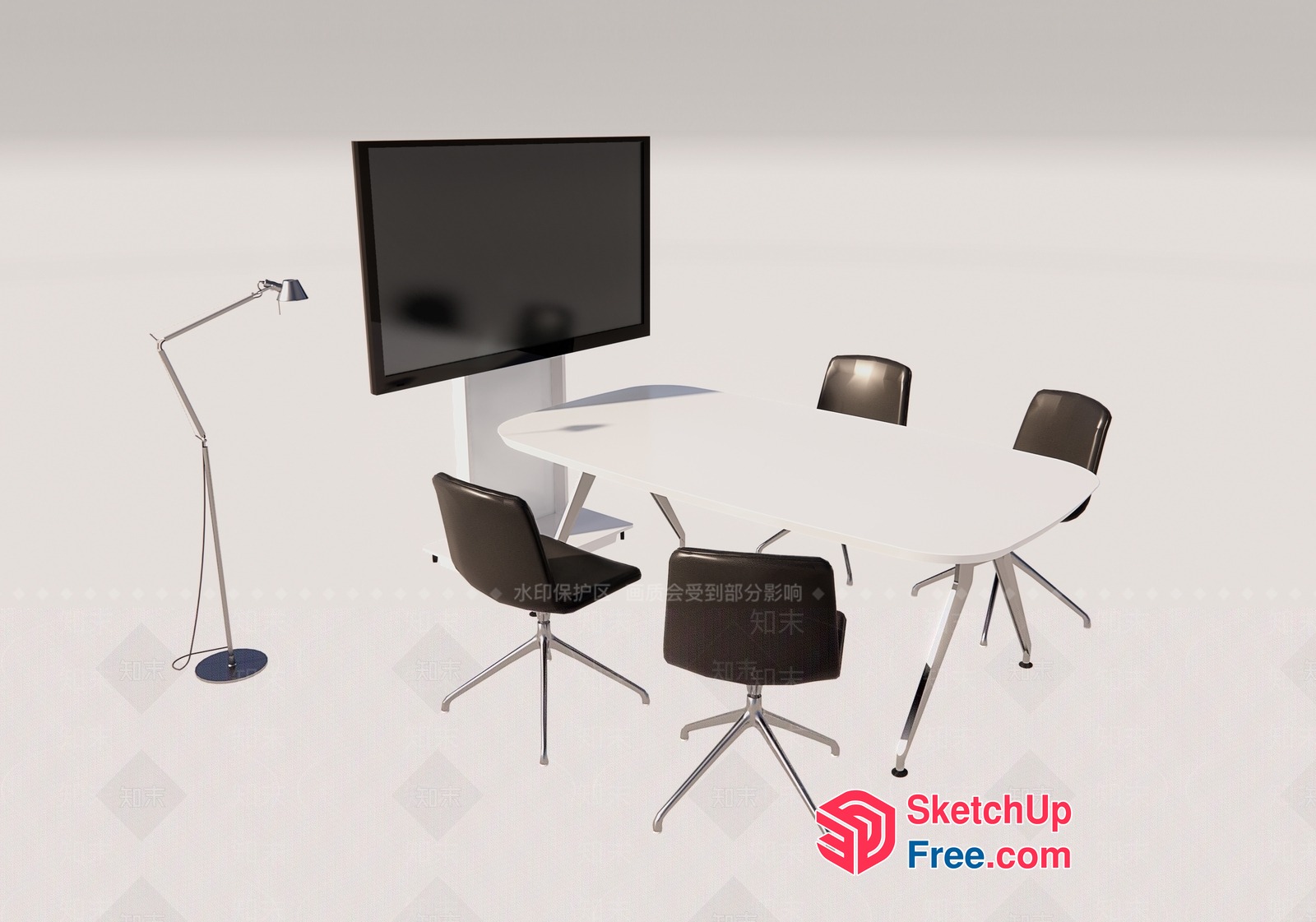Modern Minimalist Office Space With Curved Table And Monitor 3D SketchUp File