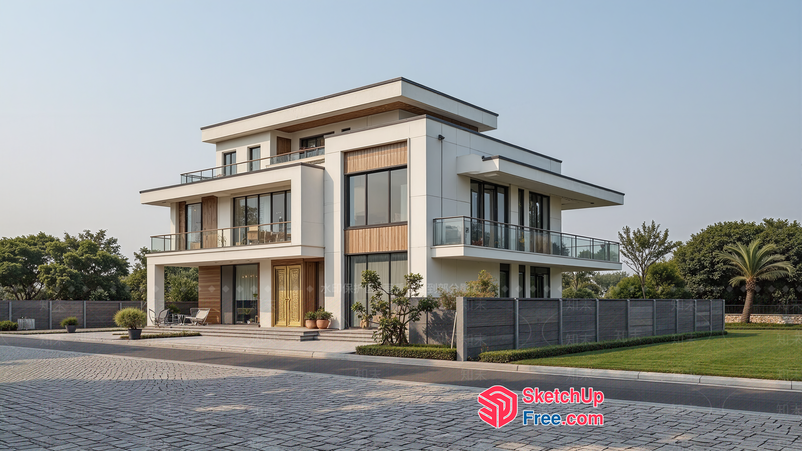 Modern Villa Exterior Design With Balconies And Stairs 3D SketchUp File