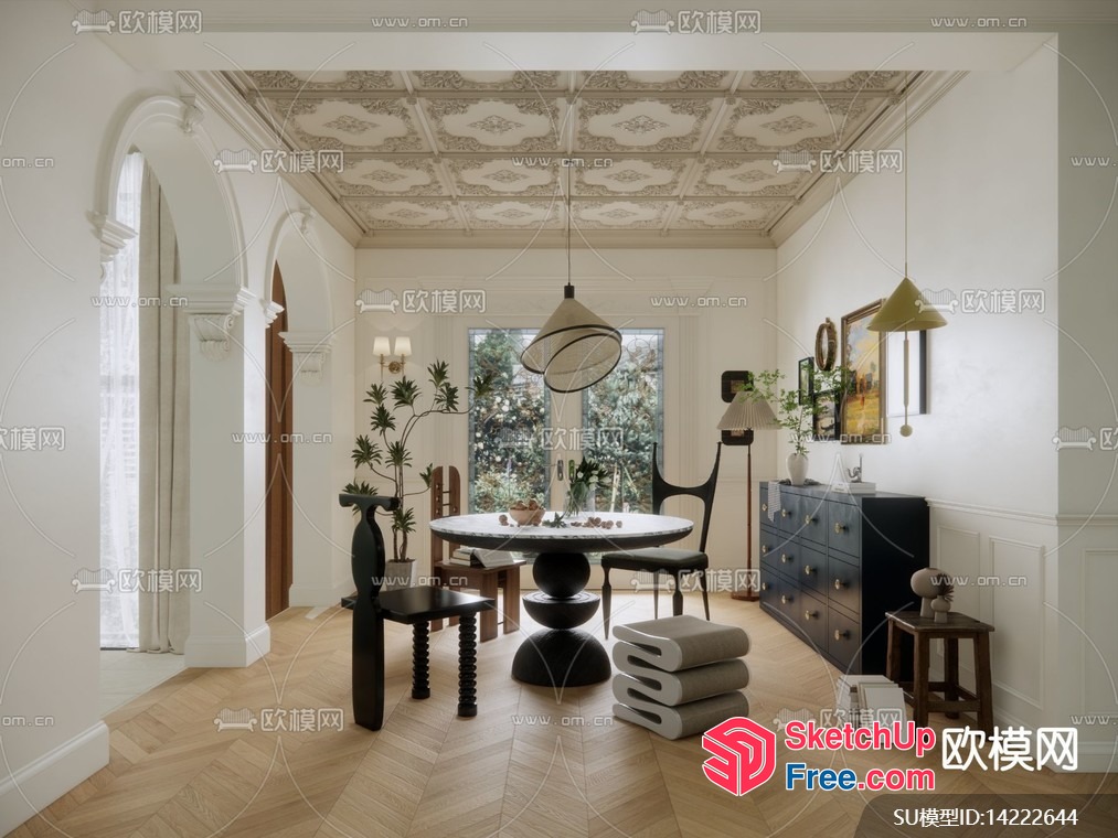 Elegant And Modern Dining Room With Ornate Ceiling 3D SketchUp File