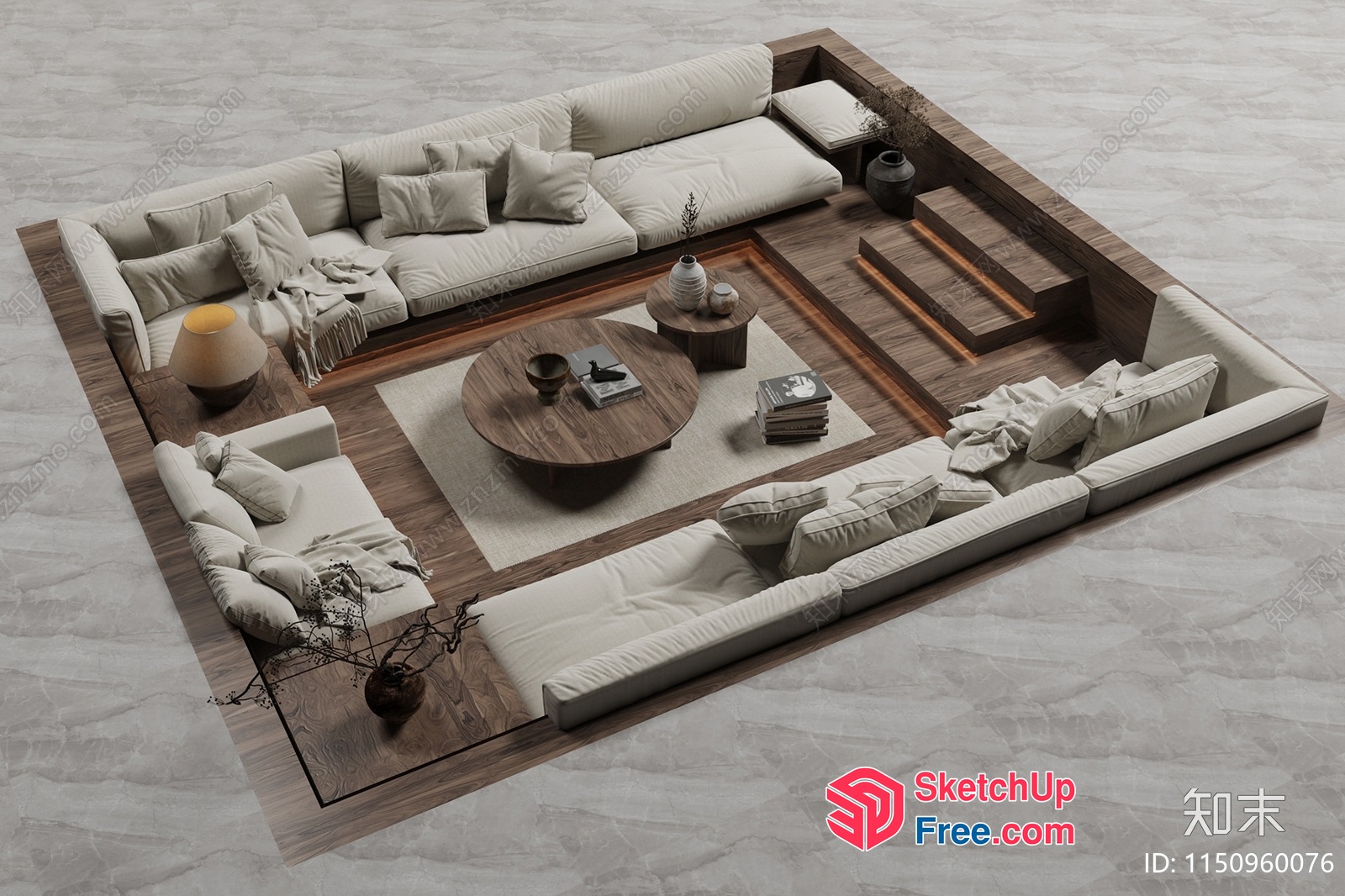 Modern Living Room With Large Sectional Sofa And Wood Accents 3D SketchUp File