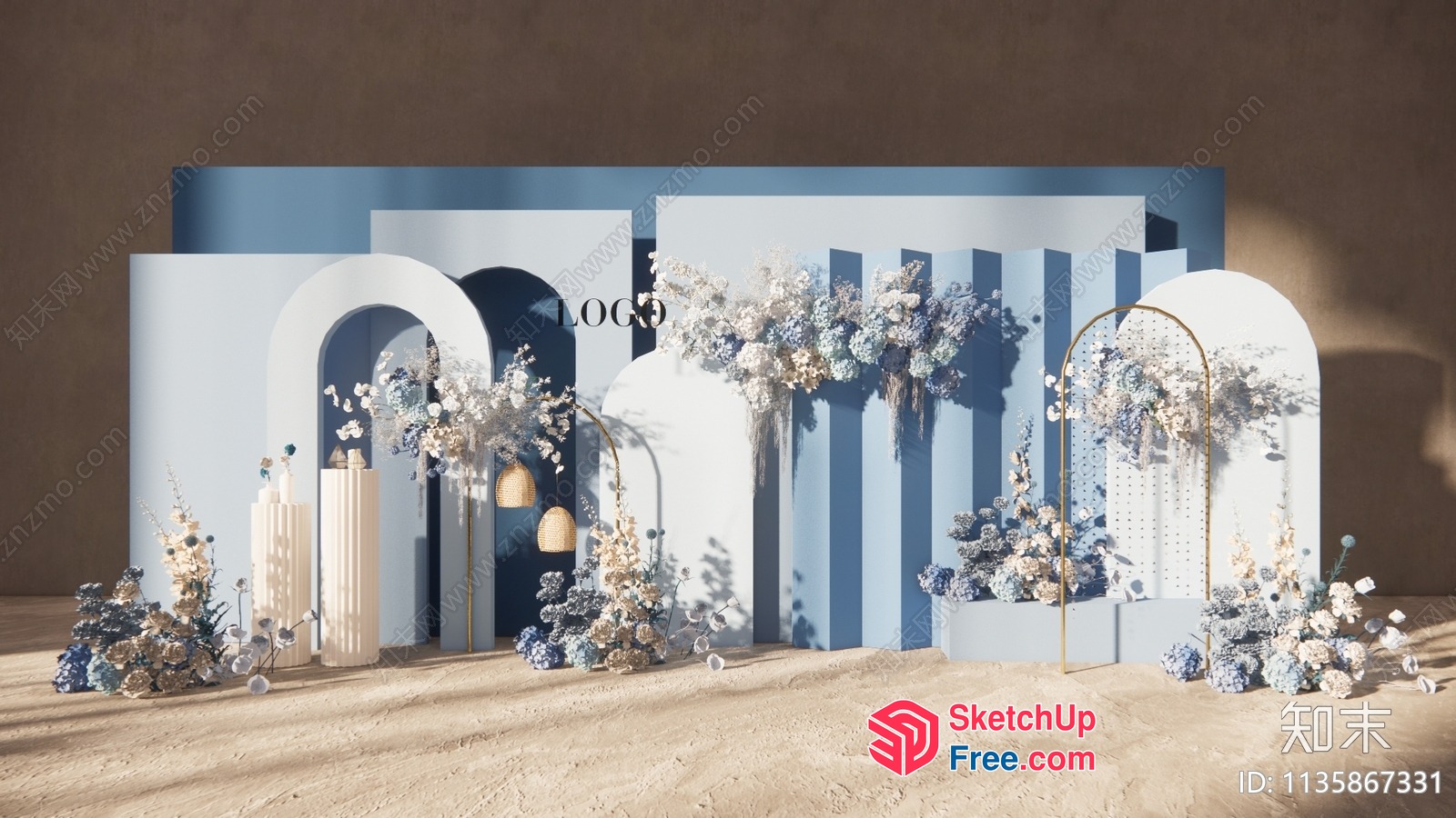 Elegant Blue And White Decorative Wall With Floral Arrangement 3D SketchUp File
