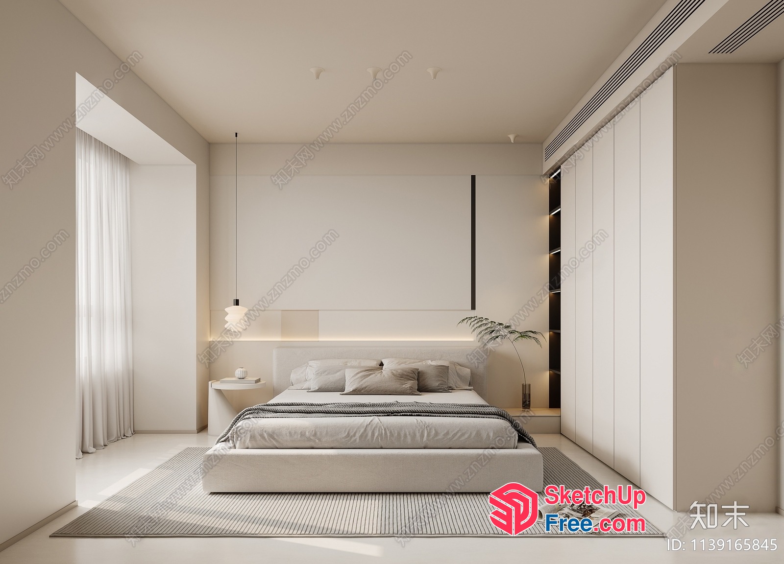 Minimalist Bedroom With White Bed And Pillows 3D SketchUp File