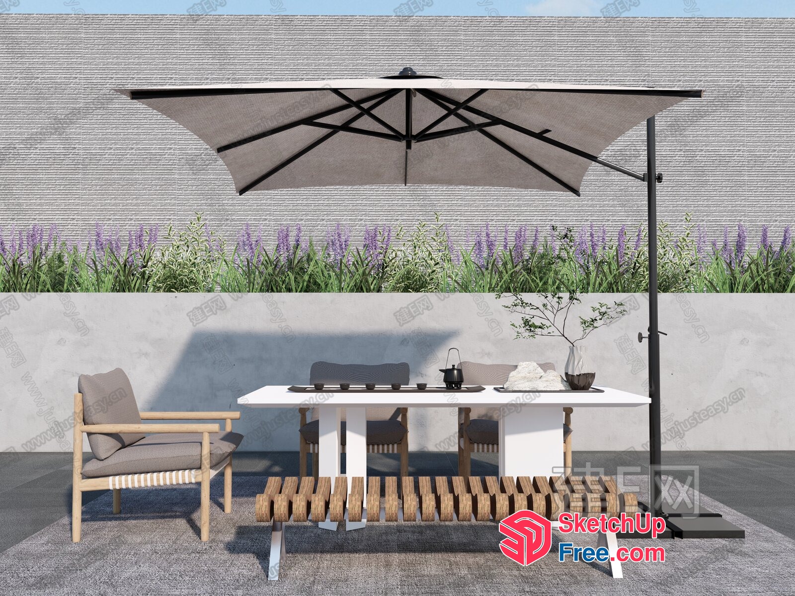 Outdoor Dining Area With Modern Furniture And Umbrella 3D SketchUp File