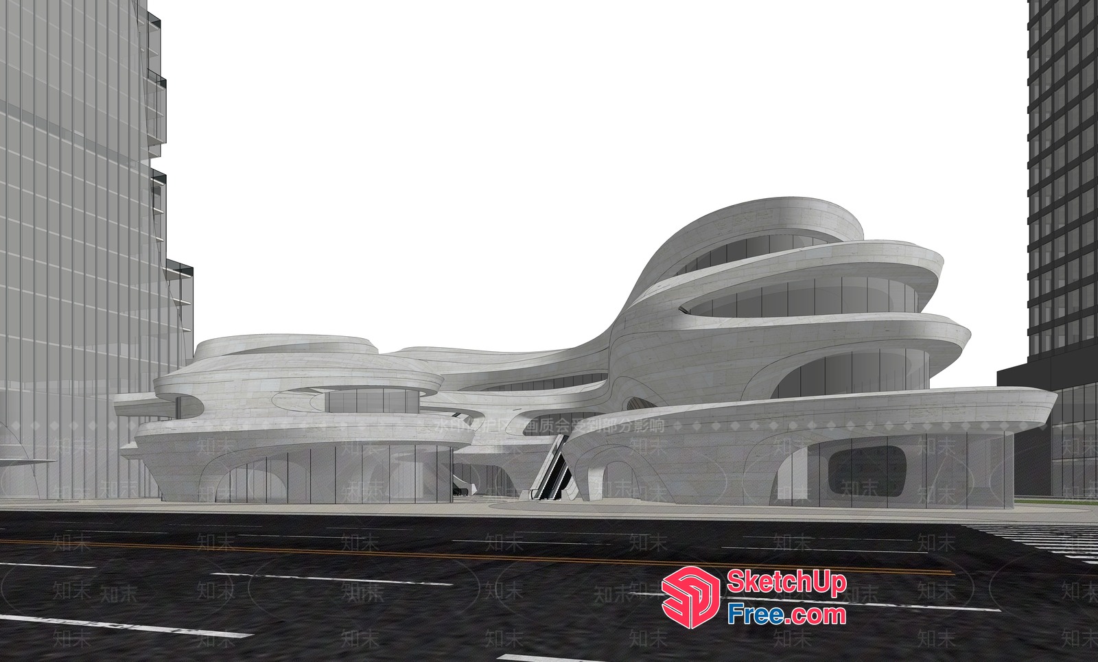 Futuristic White Building With Curved Lines And Glass Walls 3D SketchUp File