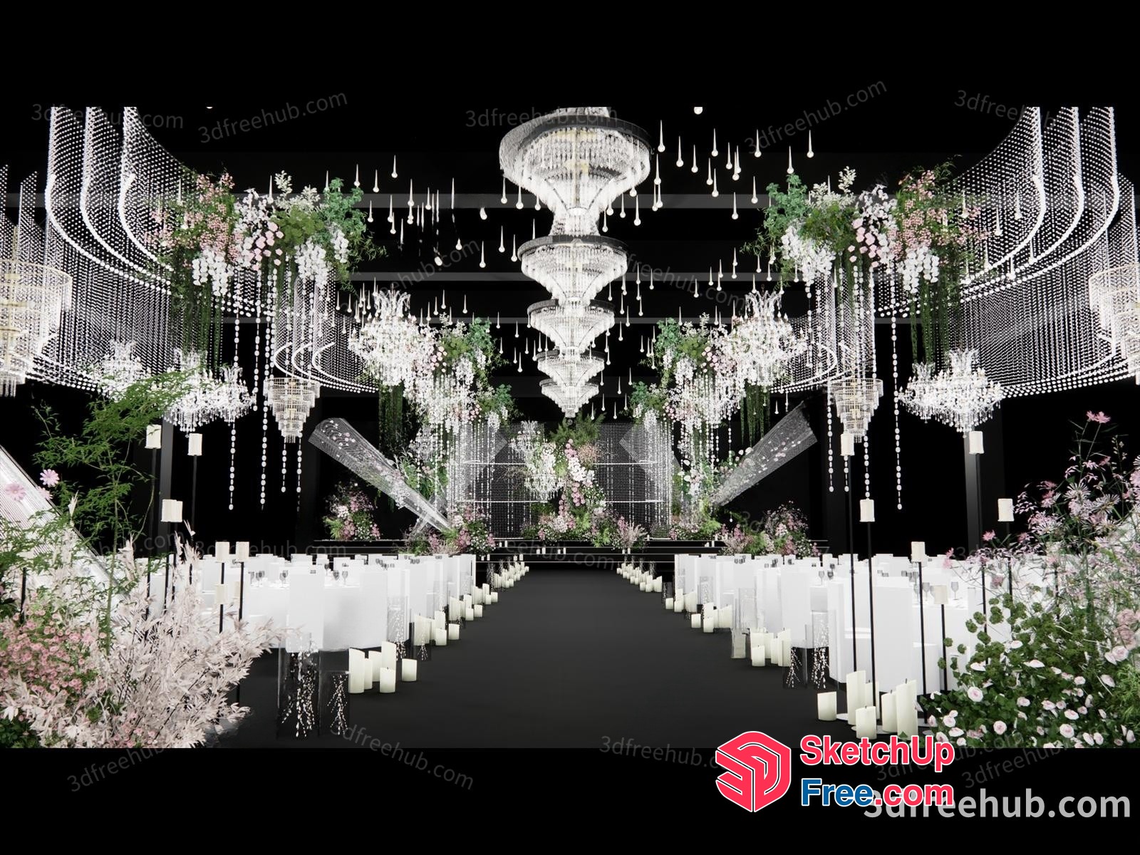 Luxurious White Floral Wedding Decor With Chandeliers And Candles 3D SketchUp File