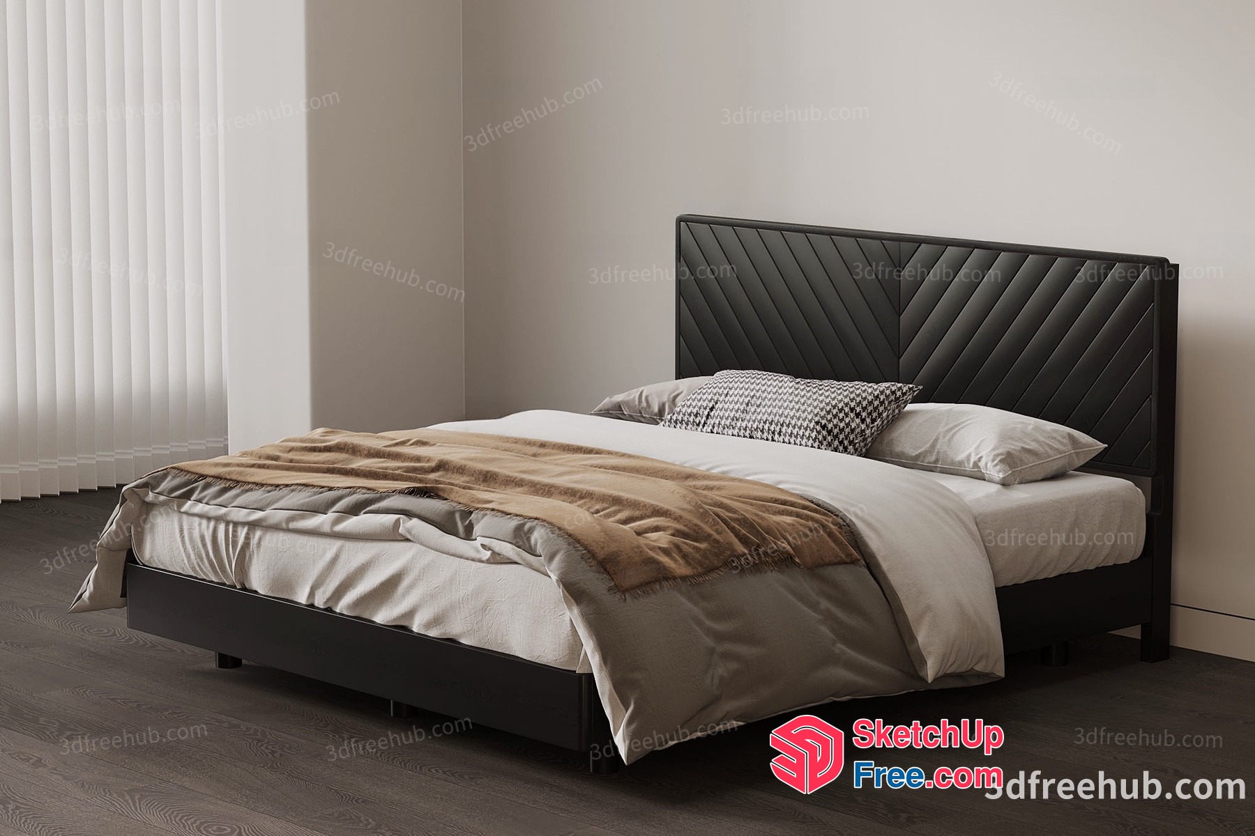 Modern Bed With Black Upholstered Headboard And Light Gray Bedding 3D SketchUp File